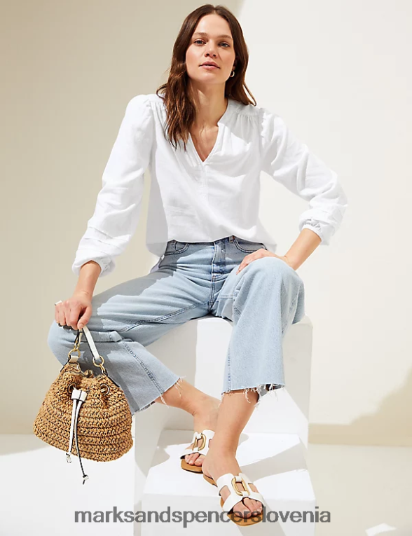 Bluza z rokavi z bogatim platnom in v-izrezom bela Marks & Spencer oblačila ženske 6T8F6X1586