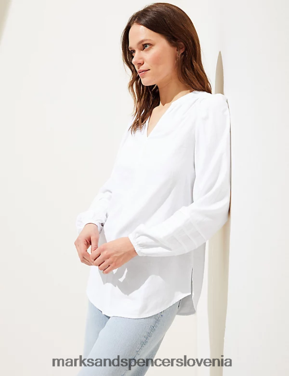 Bluza z rokavi z bogatim platnom in v-izrezom bela Marks & Spencer oblačila ženske 6T8F6X1586