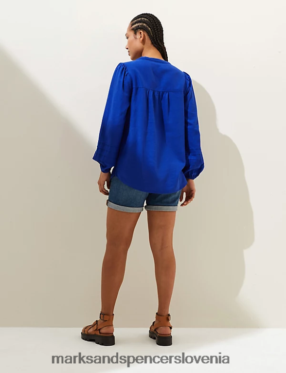 Bluza z rokavi z bogatim platnom in v-izrezom električno modra Marks & Spencer oblačila ženske 6T8F6X1248