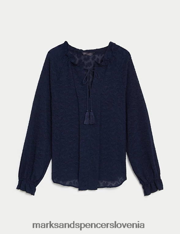 žakard bluza z volančki na zavezovanje mornarica Marks & Spencer oblačila ženske 6T8F6X710