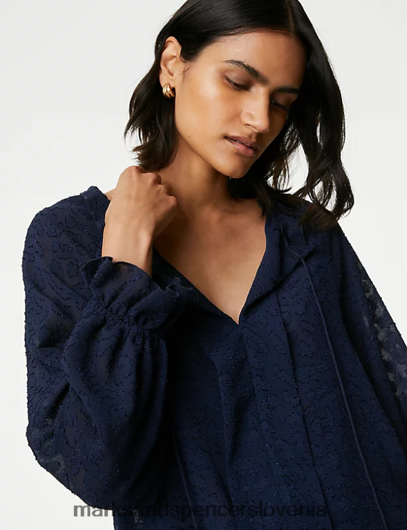 žakard bluza z volančki na zavezovanje mornarica Marks & Spencer oblačila ženske 6T8F6X710