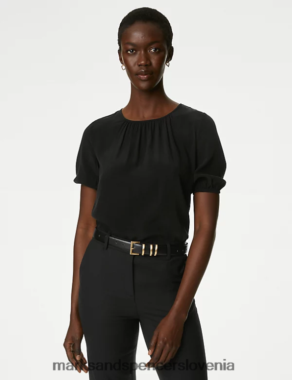 bakro bogata bluza z napihnjenimi rokavi z okroglim izrezom Črna Marks & Spencer oblačila ženske 6T8F6X2080