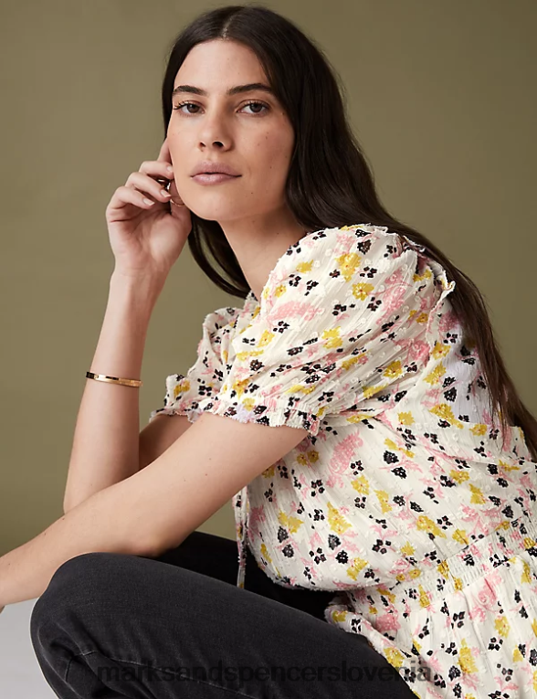 bleščeča bluza s cvetličnim pasom ecru mešanica Marks & Spencer oblačila ženske 6T8F6X1036