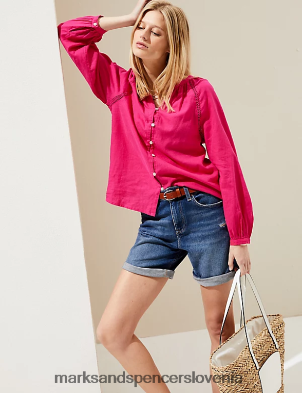 bluza brez ovratnika iz bogatega lanu fuksija Marks & Spencer oblačila ženske 6T8F6X2368