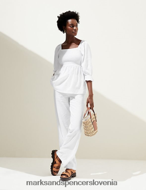 bluza iz mešanice lanu s kvadratnim ovratnikom bela Marks & Spencer oblačila ženske 6T8F6X1503