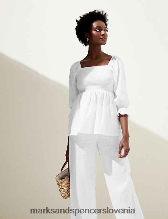 bluza iz mešanice lanu s kvadratnim ovratnikom bela Marks & Spencer oblačila ženske 6T8F6X1503