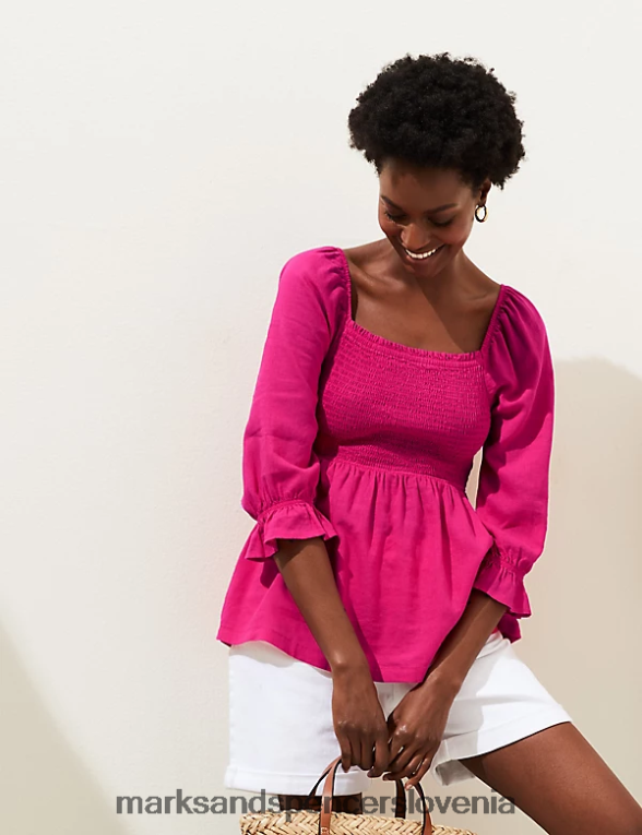 bluza iz mešanice lanu s kvadratnim ovratnikom fuksija Marks & Spencer oblačila ženske 6T8F6X1172