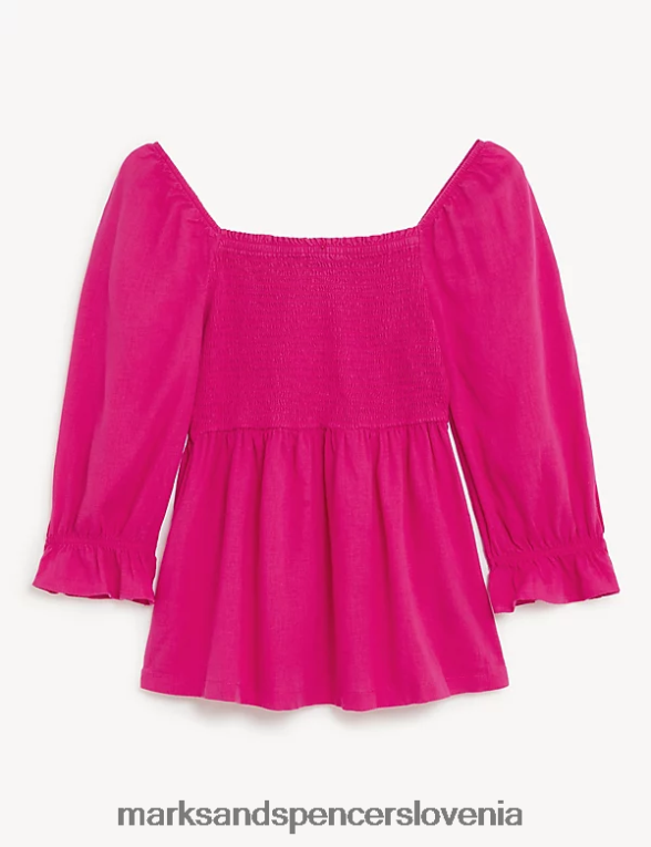 bluza iz mešanice lanu s kvadratnim ovratnikom fuksija Marks & Spencer oblačila ženske 6T8F6X1172