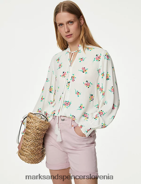 bluza s cvetličnim ovratnikom in naborki roza mešanica Marks & Spencer oblačila ženske 6T8F6X1096