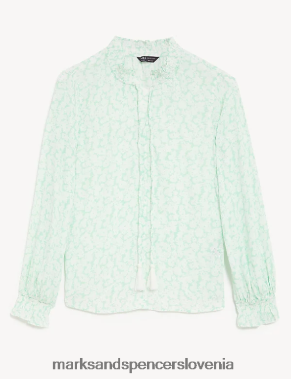 bluza s cvetličnim ovratnikom in naborki zelena mešanica Marks & Spencer oblačila ženske 6T8F6X1437