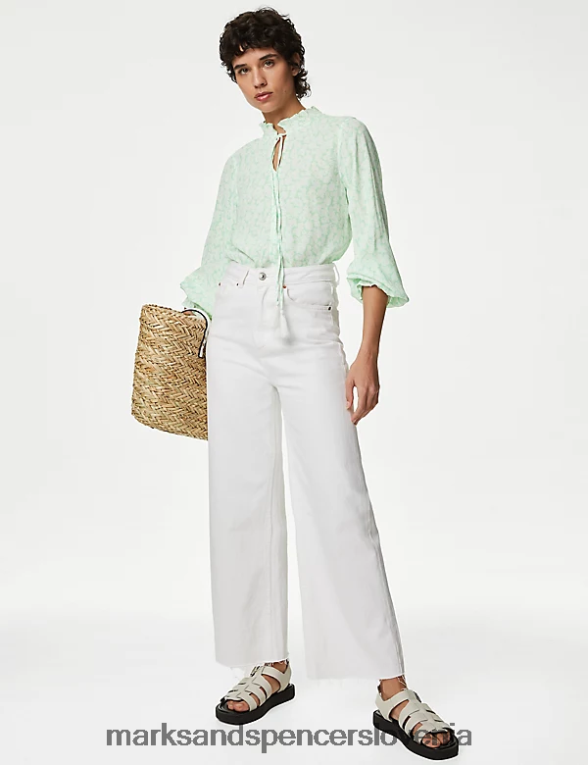 bluza s cvetličnim ovratnikom in naborki zelena mešanica Marks & Spencer oblačila ženske 6T8F6X1437