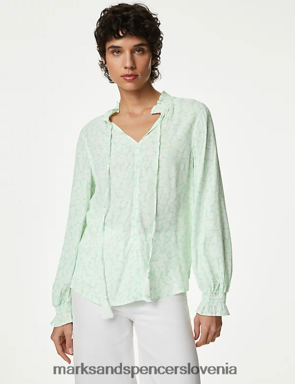 bluza s cvetličnim ovratnikom in naborki zelena mešanica Marks & Spencer oblačila ženske 6T8F6X1437