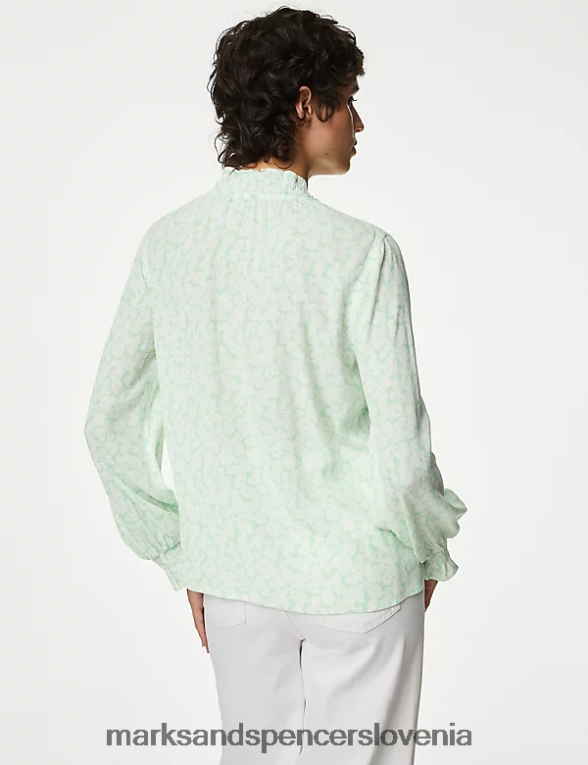 bluza s cvetličnim ovratnikom in naborki zelena mešanica Marks & Spencer oblačila ženske 6T8F6X1437