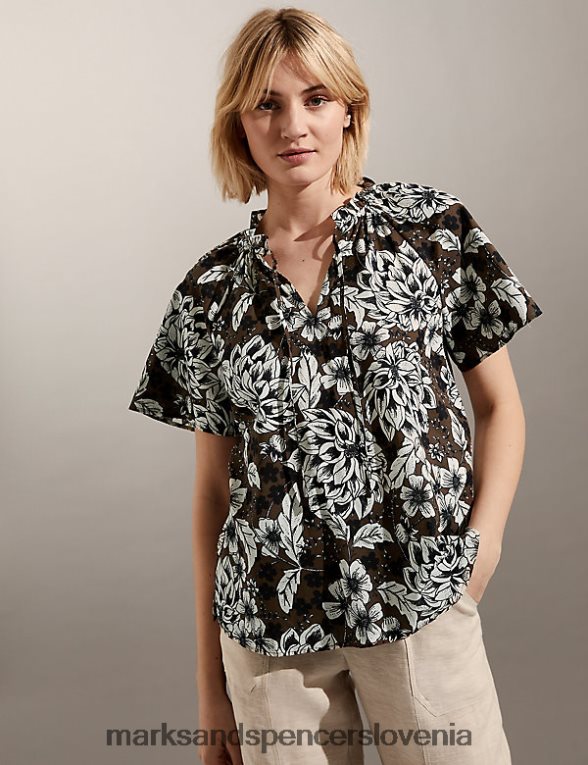 bluza s cvetličnim ovratnikom iz čistega bombaža rjav Marks & Spencer oblačila ženske 6T8F6X1179