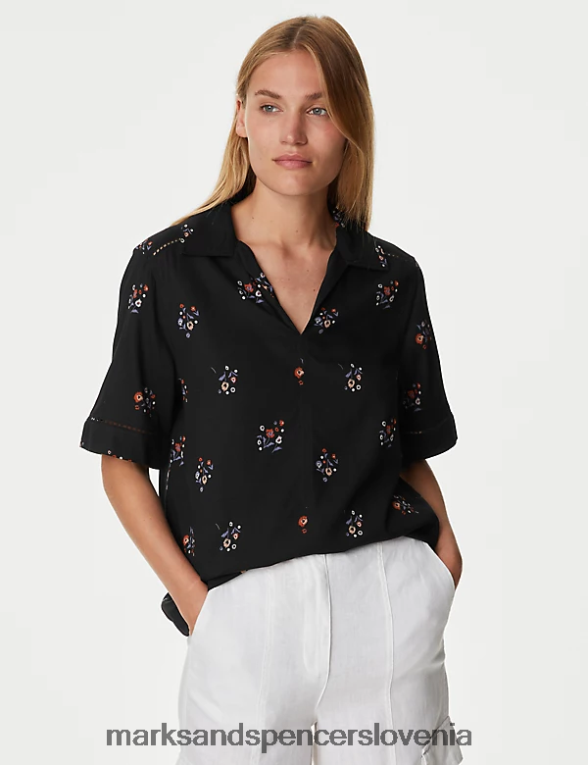 bluza s cvetličnim ovratnikom črna mešanica Marks & Spencer oblačila ženske 6T8F6X536
