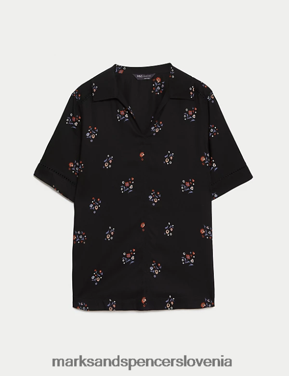 bluza s cvetličnim ovratnikom črna mešanica Marks & Spencer oblačila ženske 6T8F6X536
