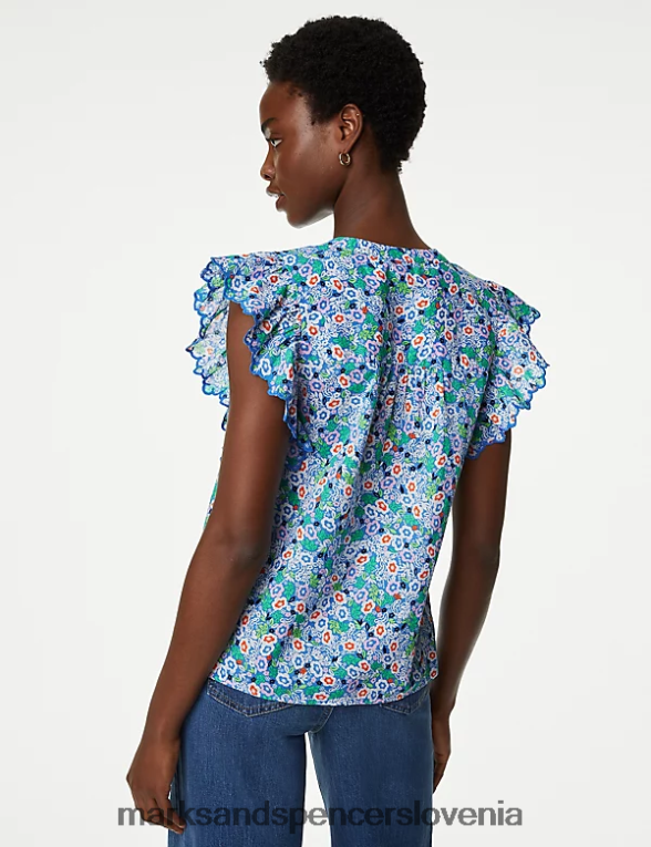 bluza s cvetličnim v-izrezom in volančki modra mešanica Marks & Spencer oblačila ženske 6T8F6X708