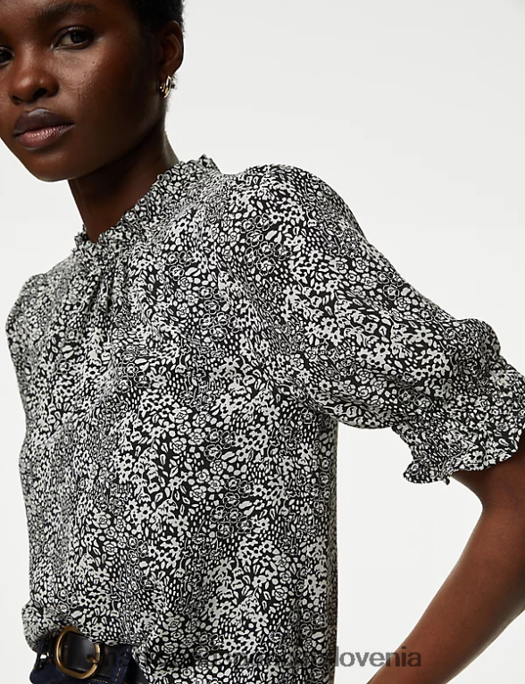 bluza s cvetličnimi volančki črna mešanica Marks & Spencer oblačila ženske 6T8F6X65