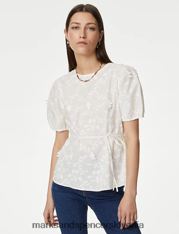 bluza s cvetlično teksturo iz čistega bombaža slonovina Marks & Spencer oblačila ženske 6T8F6X463