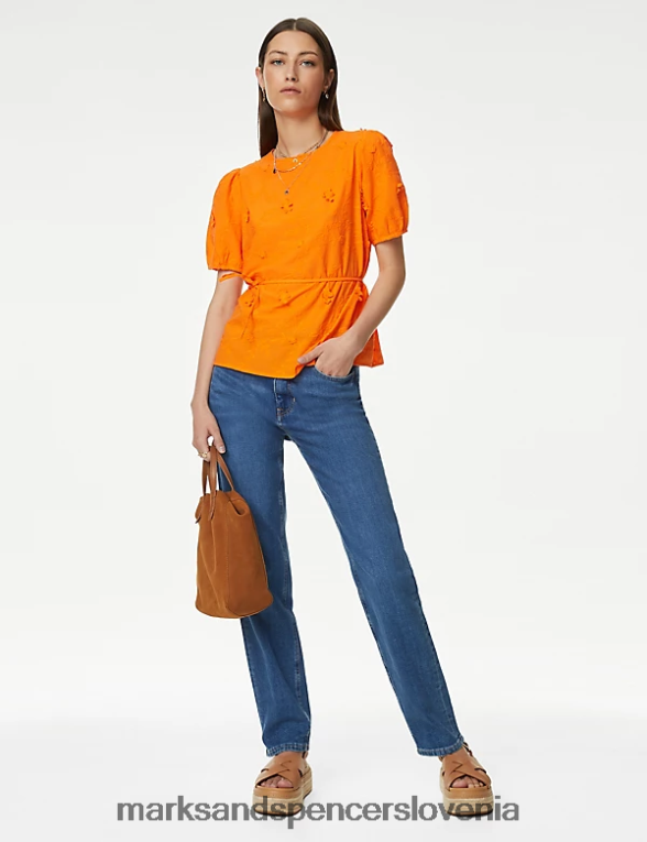 bluza s cvetlično teksturo iz čistega bombaža svetlo oranžna Marks & Spencer oblačila ženske 6T8F6X832