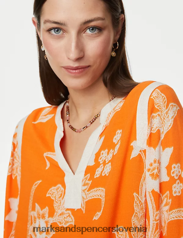 bluza s čipkastimi detajli na ovratniku s cvetličnim zarezo pomarančna mešanica Marks & Spencer oblačila ženske 6T8F6X2762