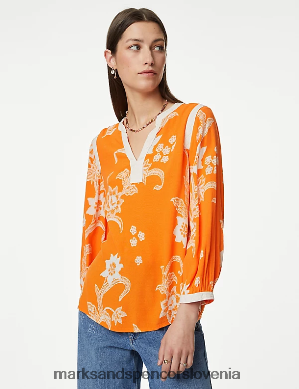 bluza s čipkastimi detajli na ovratniku s cvetličnim zarezo pomarančna mešanica Marks & Spencer oblačila ženske 6T8F6X2762