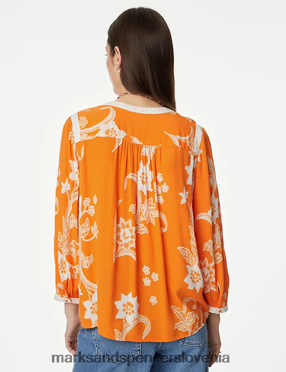 bluza s čipkastimi detajli na ovratniku s cvetličnim zarezo pomarančna mešanica Marks & Spencer oblačila ženske 6T8F6X2762