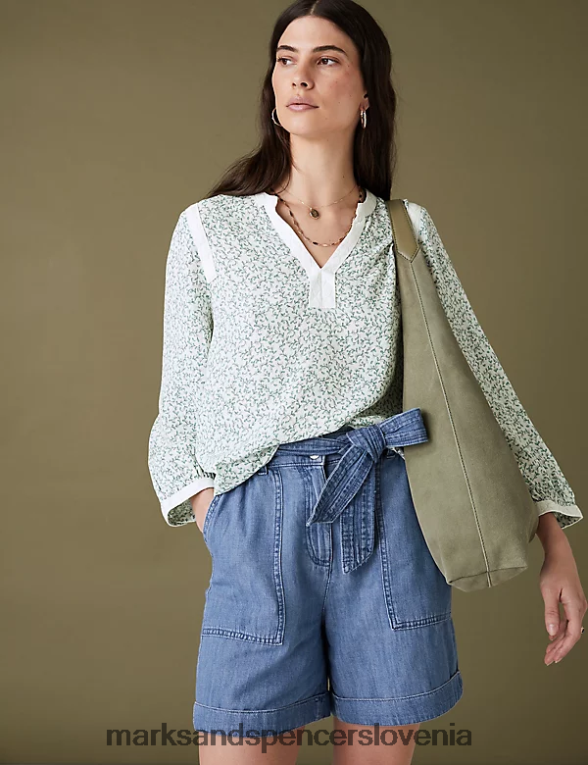 bluza s čipkastimi detajli na ovratniku s cvetličnim zarezo zelena mešanica Marks & Spencer oblačila ženske 6T8F6X2377