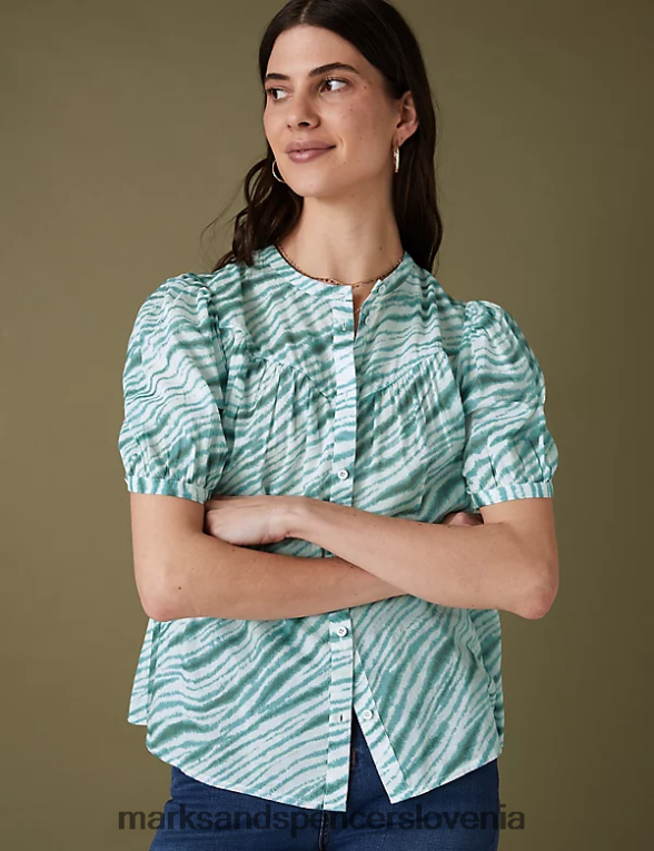 bluza s kratkimi rokavi s potiskom iz čistega bombaža srednja morska pena Marks & Spencer oblačila ženske 6T8F6X3000