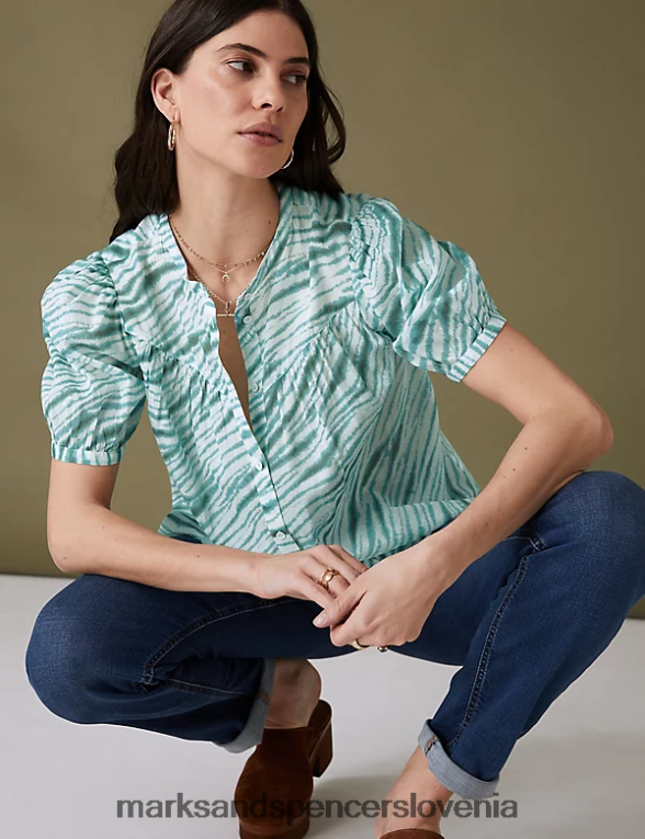 bluza s kratkimi rokavi s potiskom iz čistega bombaža srednja morska pena Marks & Spencer oblačila ženske 6T8F6X3000