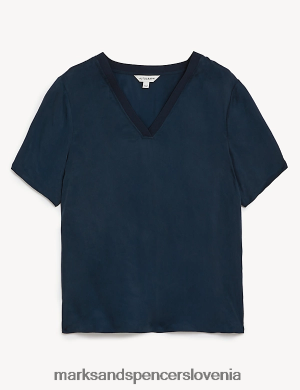 bluza s kratkimi rokavi z bogatim v-izrezom mornarica Marks & Spencer oblačila ženske 6T8F6X2892