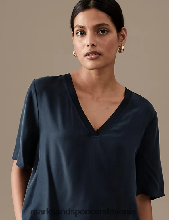 bluza s kratkimi rokavi z bogatim v-izrezom mornarica Marks & Spencer oblačila ženske 6T8F6X2892
