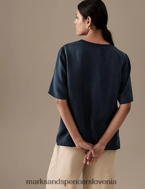 bluza s kratkimi rokavi z bogatim v-izrezom mornarica Marks & Spencer oblačila ženske 6T8F6X2892