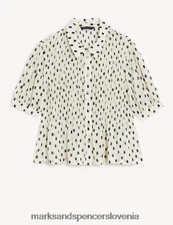 bluza s potiskanim ovratnikom in nabranimi rokavi mešanica slonovine Marks & Spencer oblačila ženske 6T8F6X1946