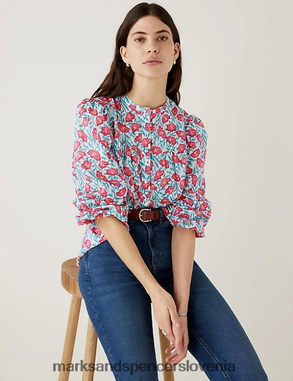 bluza s potiskanimi gumbi iz čistega bombaža roza mešanica Marks & Spencer oblačila ženske 6T8F6X3123
