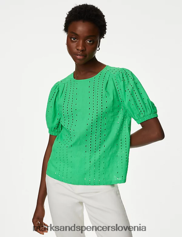 bluza s puf rokavi iz čistega bombaža kislinsko zelena Marks & Spencer oblačila ženske 6T8F6X635