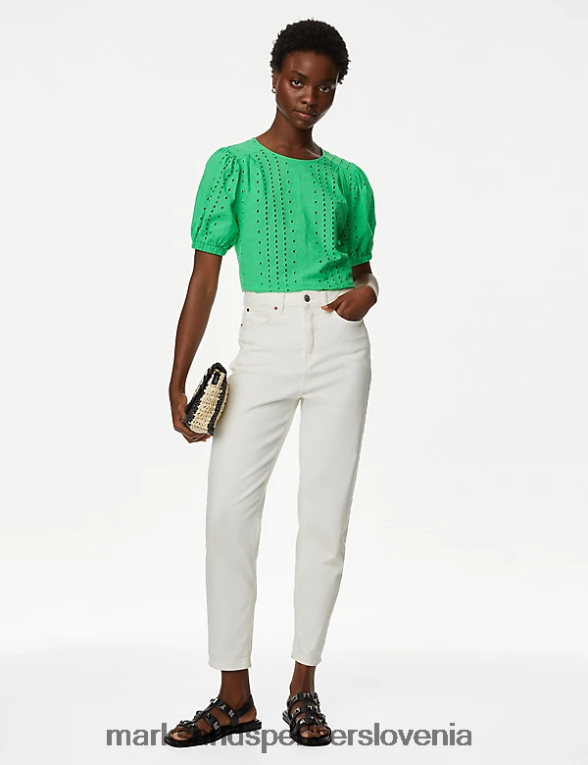 bluza s puf rokavi iz čistega bombaža kislinsko zelena Marks & Spencer oblačila ženske 6T8F6X635