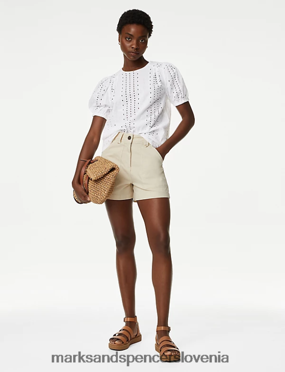 bluza s puf rokavi iz čistega bombaža nežno bela Marks & Spencer oblačila ženske 6T8F6X284