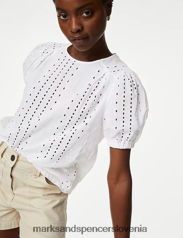 bluza s puf rokavi iz čistega bombaža nežno bela Marks & Spencer oblačila ženske 6T8F6X284