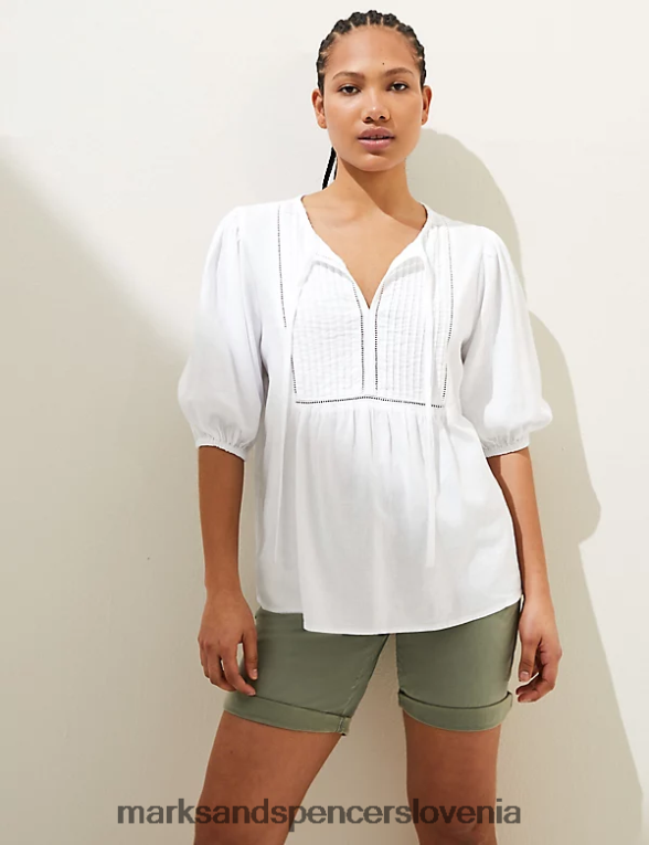 bluza z napihnjenimi rokavi in ​​bogatim lanom bela Marks & Spencer oblačila ženske 6T8F6X2604