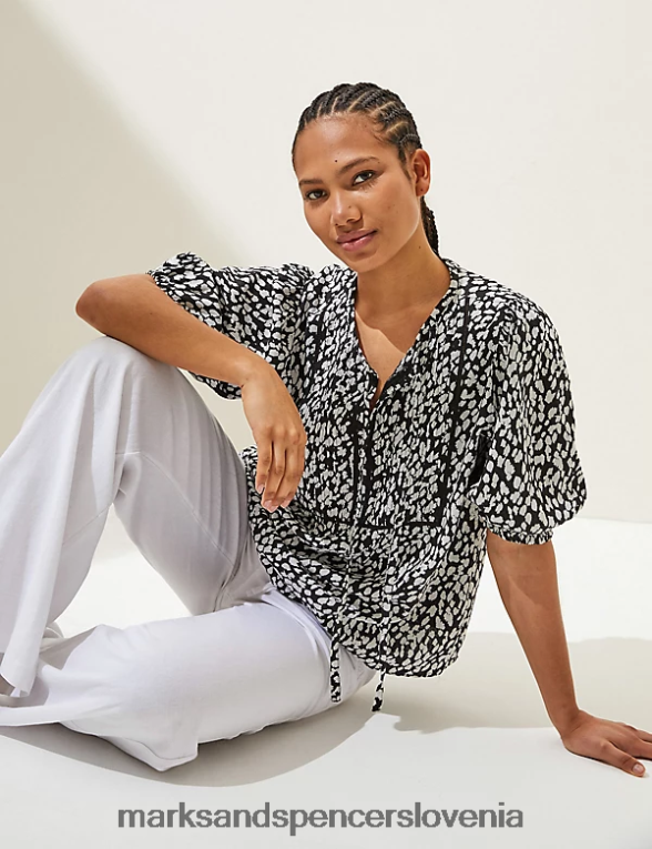 bluza z napihnjenimi rokavi in ​​bogatim lanom črna mešanica Marks & Spencer oblačila ženske 6T8F6X1828