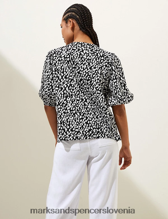 bluza z napihnjenimi rokavi in ​​bogatim lanom črna mešanica Marks & Spencer oblačila ženske 6T8F6X1828