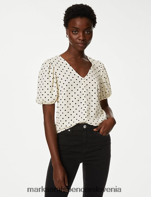 bluza z napihnjenimi rokavi in ​​v-izrezom mešanica slonovine Marks & Spencer oblačila ženske 6T8F6X528