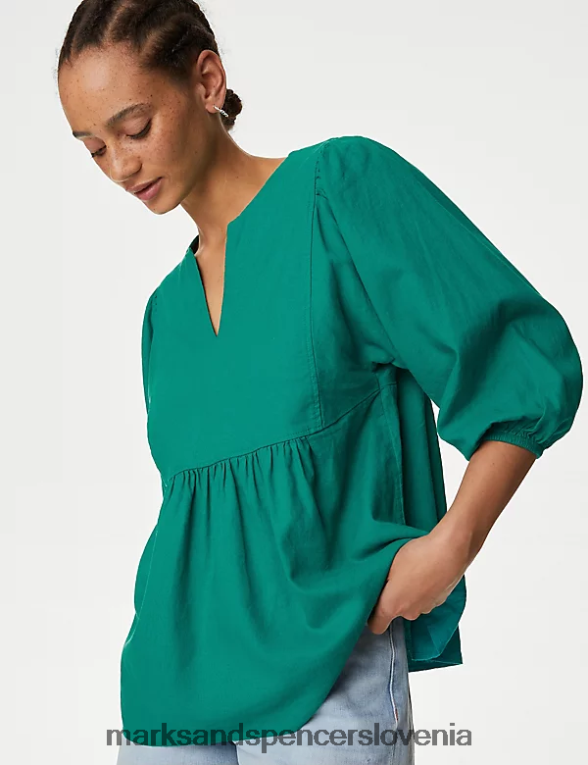 bluza z napihnjenimi rokavi in ​​v-izrezom svetlo zelena Marks & Spencer oblačila ženske 6T8F6X387