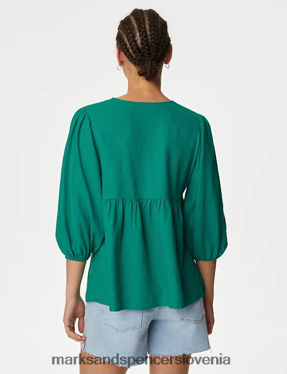 bluza z napihnjenimi rokavi in ​​v-izrezom svetlo zelena Marks & Spencer oblačila ženske 6T8F6X387