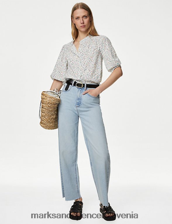 bluza z napihnjenimi rokavi iz čistega bombaža modra mešanica Marks & Spencer oblačila ženske 6T8F6X325