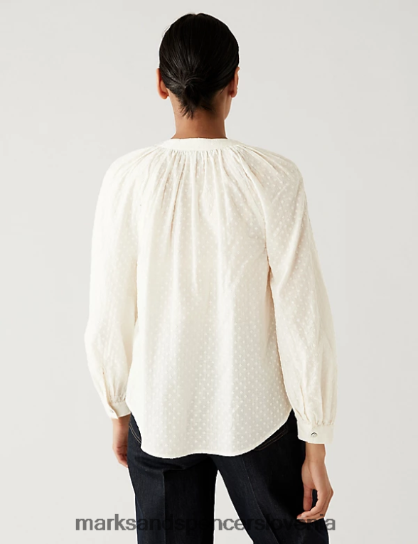 bluza z napihnjenimi rokavi iz čistega bombaža slonovina Marks & Spencer oblačila ženske 6T8F6X922