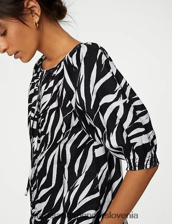 bluza z napihnjenimi rokavi iz čistega irskega lanu temno mornarska mešanica Marks & Spencer oblačila ženske 6T8F6X3012
