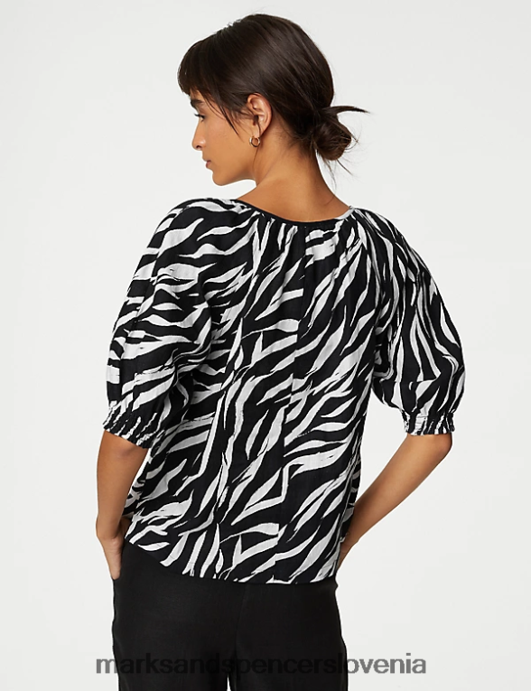 bluza z napihnjenimi rokavi iz čistega irskega lanu temno mornarska mešanica Marks & Spencer oblačila ženske 6T8F6X3012