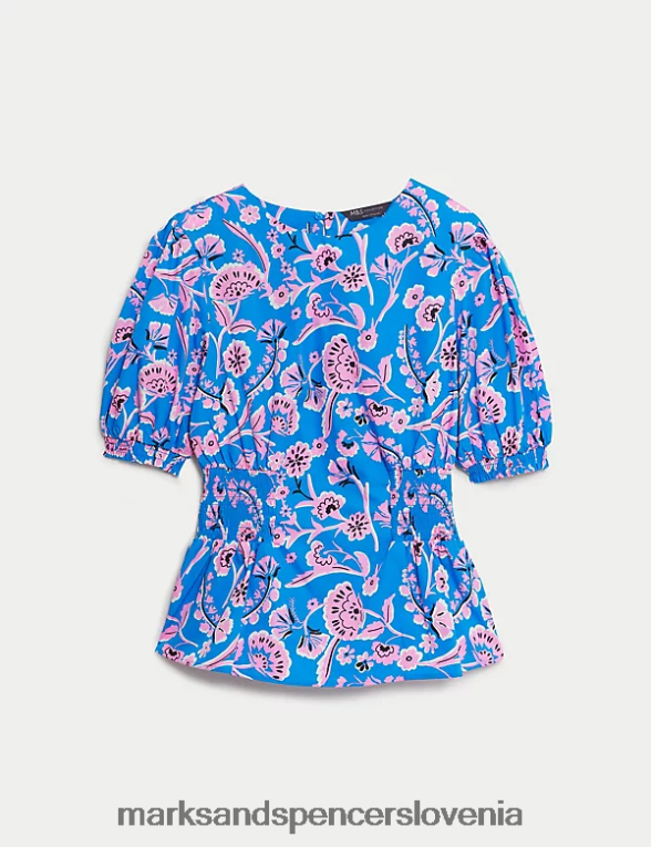bluza z napihnjenimi rokavi s potiskom iz čistega bombaža modra mešanica Marks & Spencer oblačila ženske 6T8F6X147